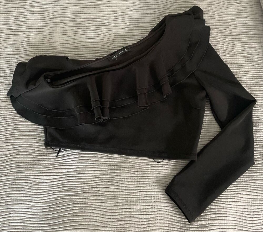 ZARA Black One Sleeve Ruffle Top Large